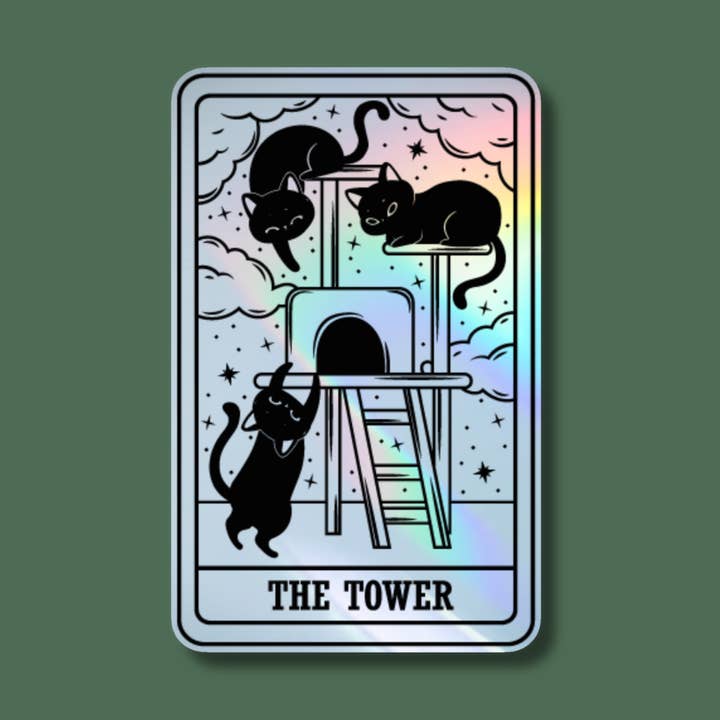 The Tower Black Cat Tarot Card Holographic Sticker for wholesale by Indigo Maiden