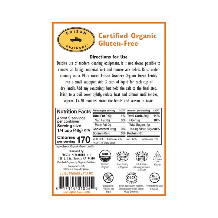 Edison Grainery - Wholesale Beans - Edison Grainery Organic Green Lentils 16 oz1