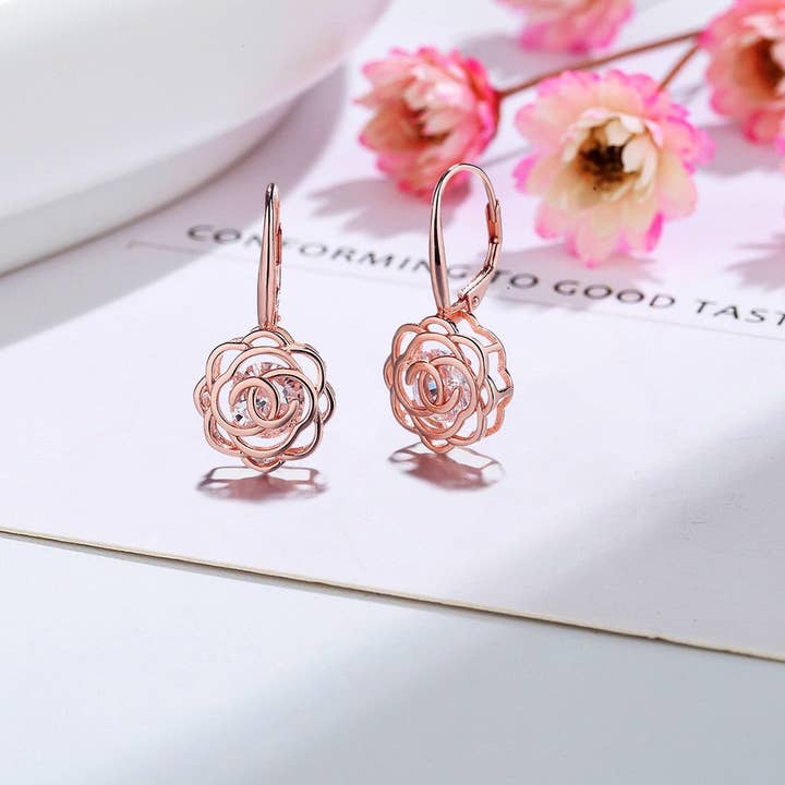 Amy and Annette - Wholesale Dangle Earrings - 14K Gold Caged with crystals Rose Lever Back Earrings1