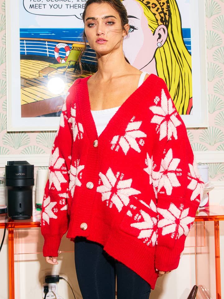 BUCKETLIST INC - Wholesale Cardigan - Women's - IT1670G Oversized Winter Star Snowflake Sweater Cardigan4