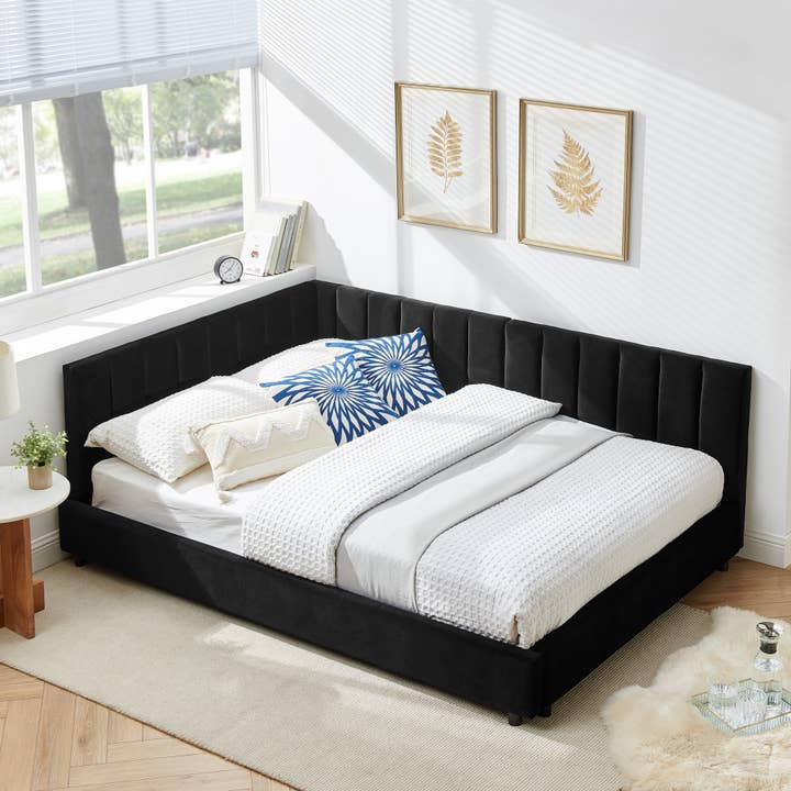 39F Inc. - Wholesale Bed - Mid-Century Full Size Tufted Bed Frame ,Gray/Beige/Black 2