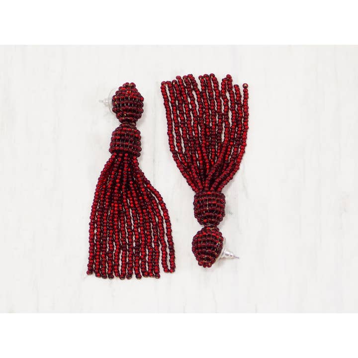 Ninolia – wholesale Tassel earrings – Red Sparkly Earrings Red Holiday Earrings Red Glitter Earrings Red Bead Tassel Fringe Drop Earrings Statement Tassel Burgundy Earrings Stud