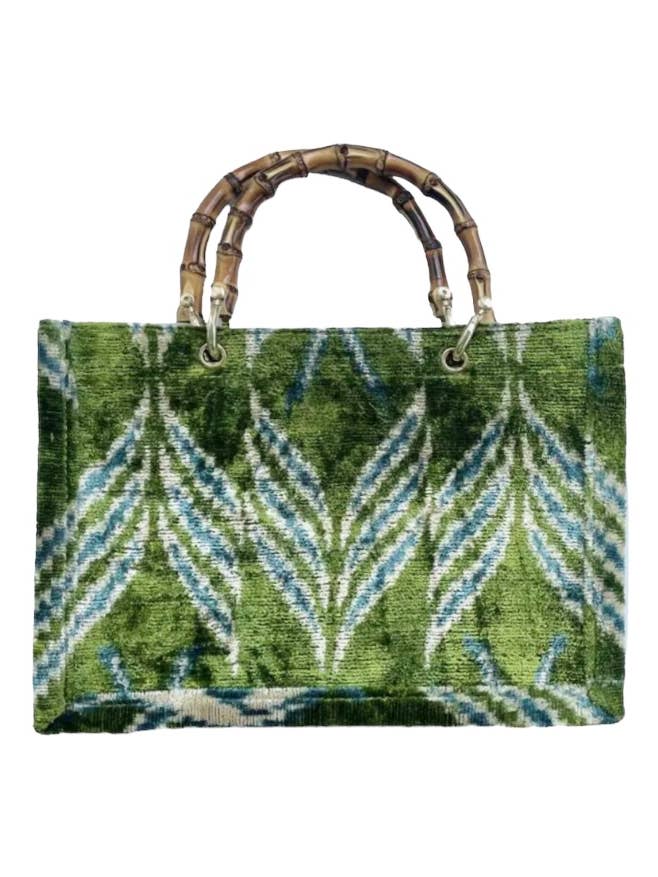 Silk Velvet Ikat Small Tote Bag with Bamboo Handle for wholesale by AYCA DESIGN