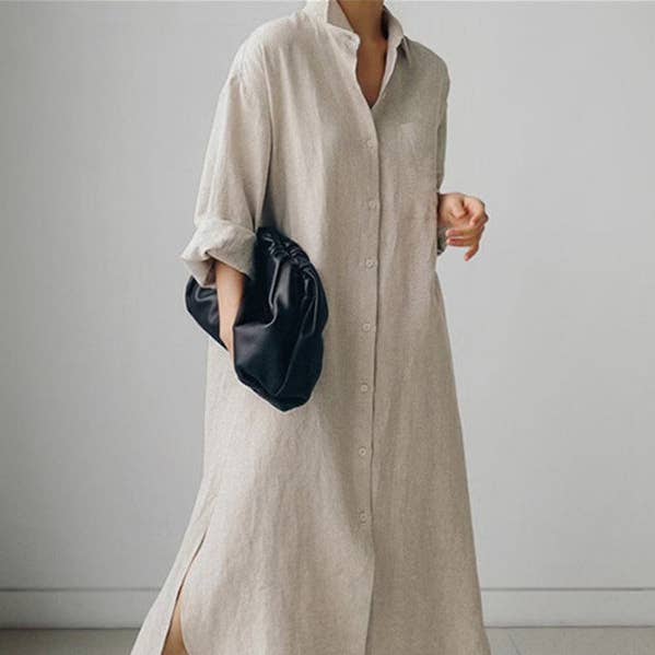 Urban Linen Split-Side Buttoned Lapel Midi Dress for wholesale by UZ Wholesale Store