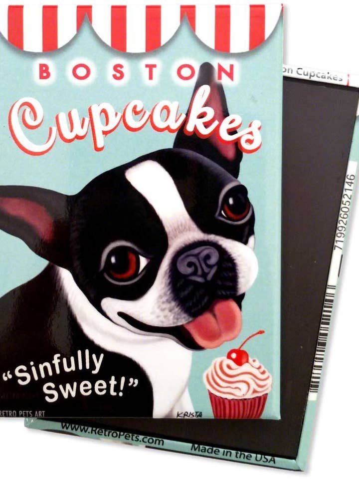 Boston Terrier "Boston Cupcakes" Refrigerator Magnet 4-pack for wholesale by Retro Pets