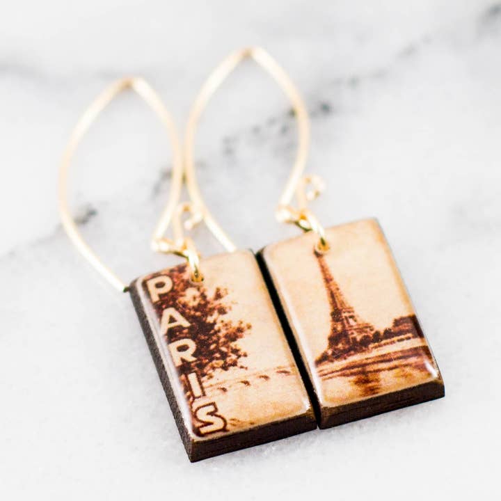 Sepia Paris Eiffel Tower Vintage Poster Stamp Earrings for wholesale by No Man's Land