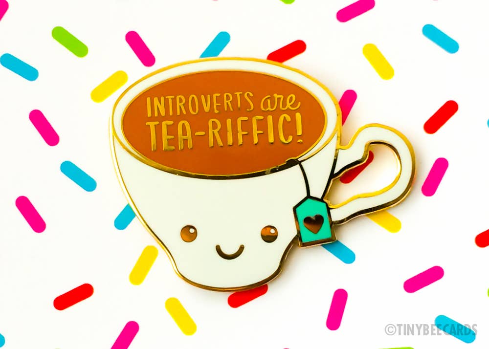 Tiny Bee Cards - Wholesale Lapel Pin/Button - Introvert Enamel Pin "Introverts are Tea-Riffic"2