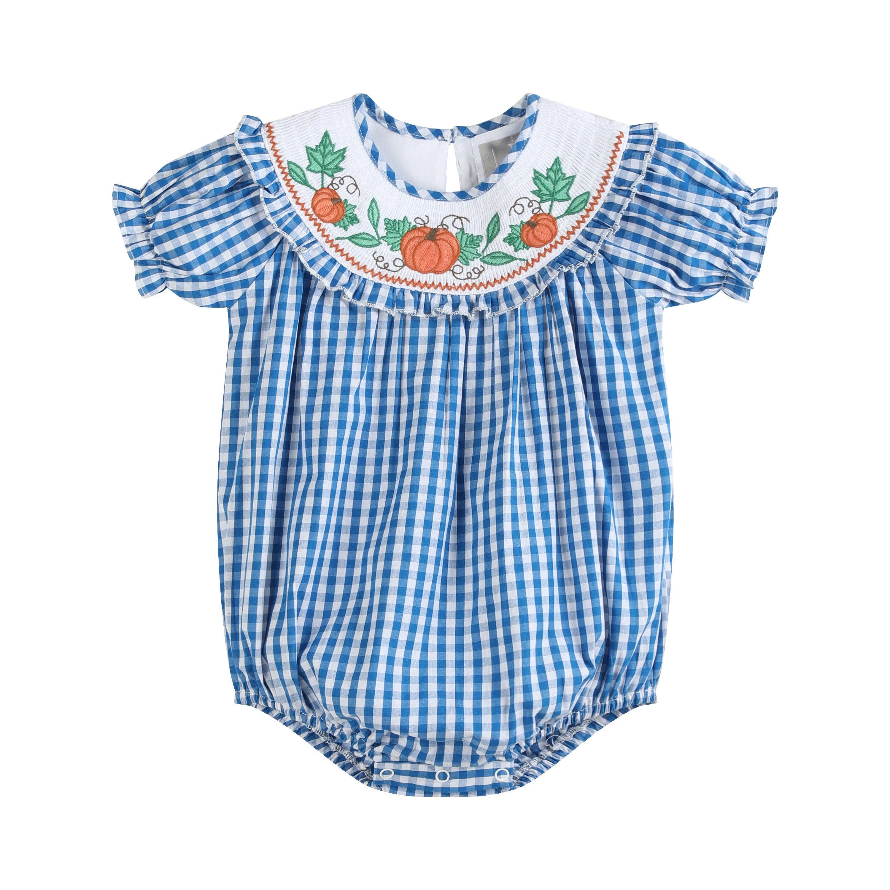 Lil Cactus – wholesale Bodysuit (non-footed) – Baby – Blue Gingham Pumpkin Smocked Ruffle Romper0