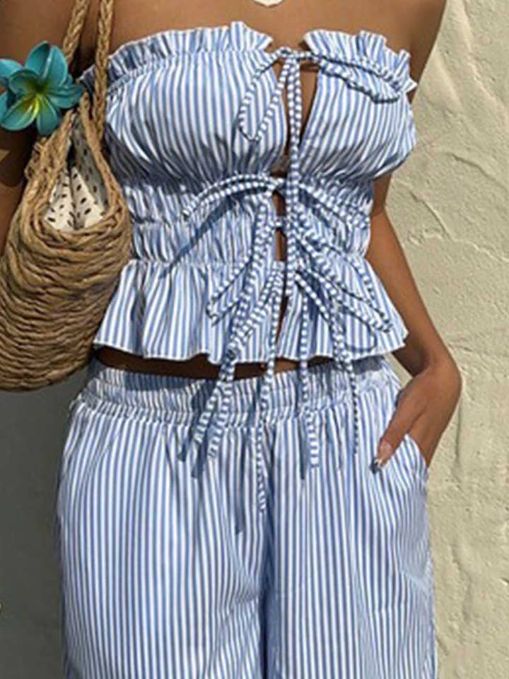 Ladies Color Block Striped String Tie Tube Top & Pants Set for wholesale by Sweetkama