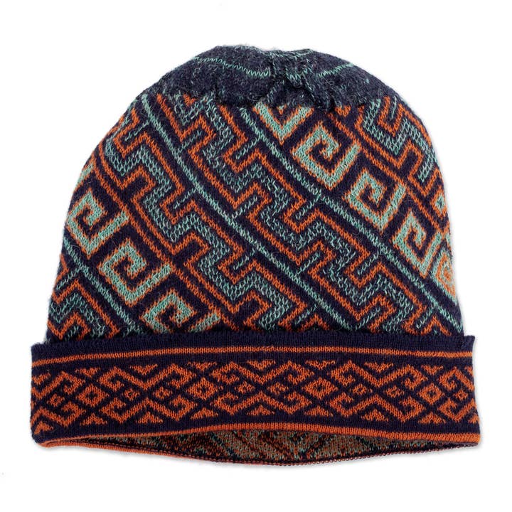 NOVICA - Wholesale Hat Accessory - Women's - Andean Style Unisex Baby Alpaca Knit Hat Aqua and Orange0