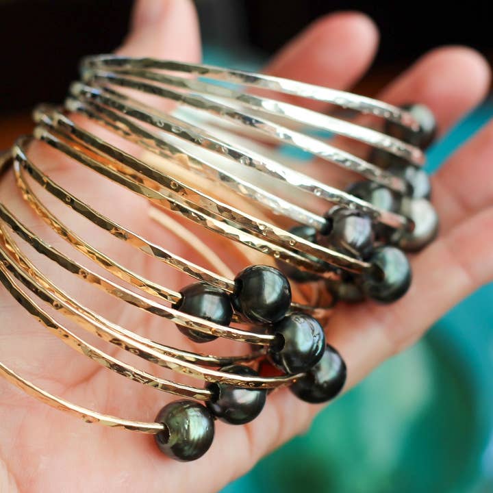 Beach Babe Hawaii - Wholesale Bangle Bracelet - TRIPLE Tahitian Pearl Bangle in 14k Gold-Fill