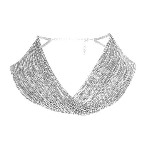 16760 - 30 Line Silver Rhinestone Draped Collar Necklace for wholesale by Western Fashion