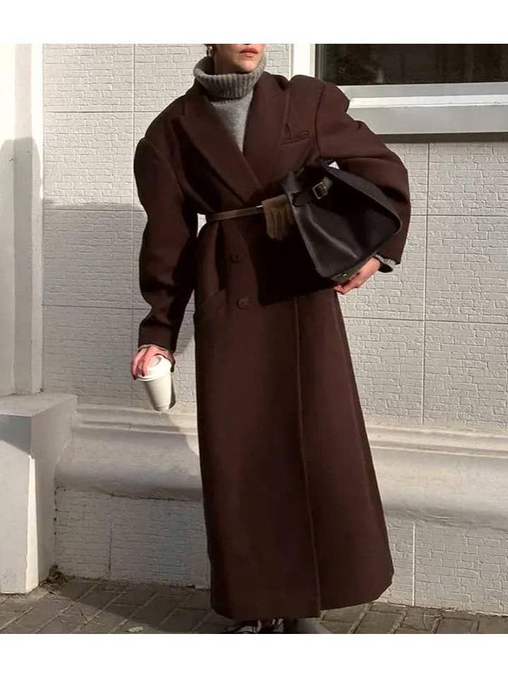 Coffee Commuter padded shoulder lapel tweed trench coat overcoat for wholesale on Faire7