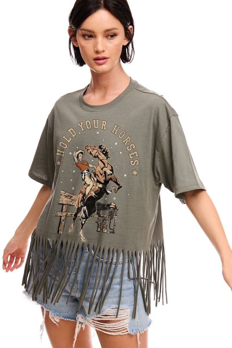 Zutter - Wholesale Screen Printed T-Shirt - Women's - Hold Your Horses Cowgirl Graphic S/S Fringe Tee6