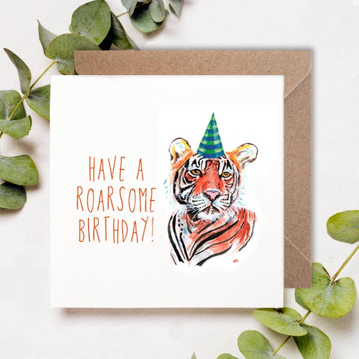 Tiger Happy Birthday Card, Have a roarsome birthday! for wholesale by Patricia Grace Art