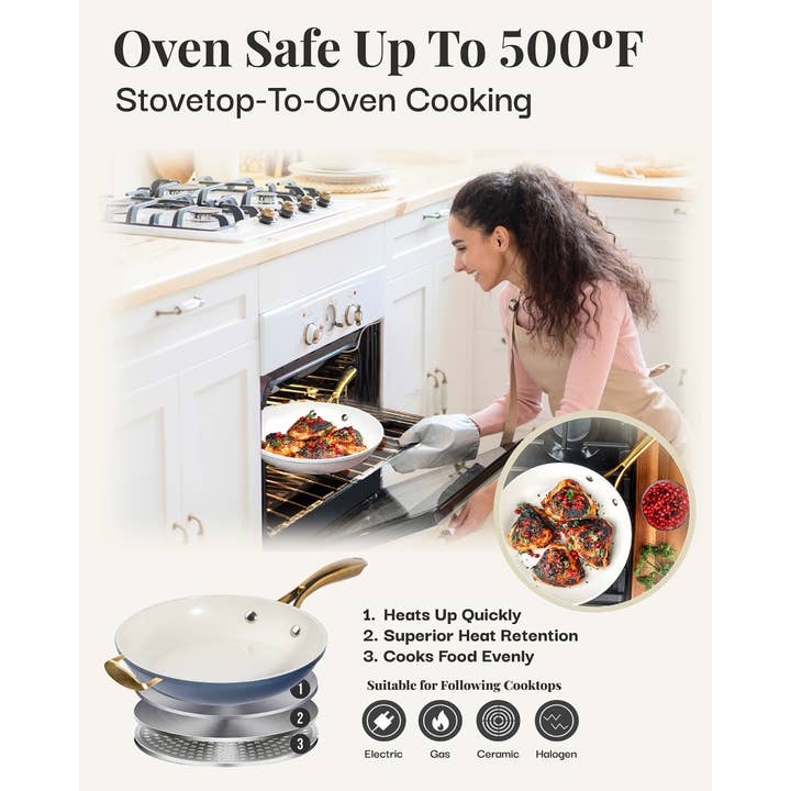 Gotham Steel/Granitestone - Vente Poêles - Poêle à frire ronde Gotham Steel bleu/crème avec manche doré de 14 po