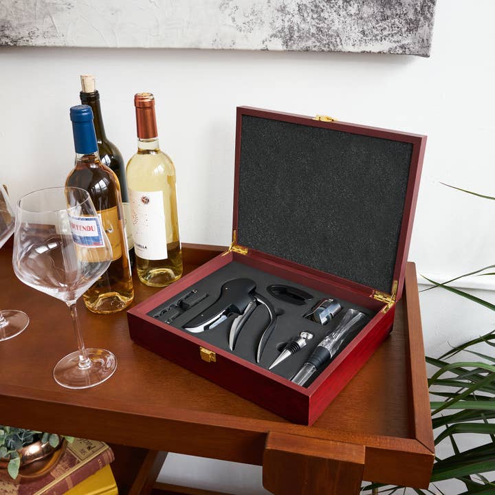TRUE - Wholesale Wine Tool Set - Wine Essentials Accessory Kit w/ Wood Storage Box - Set of 7