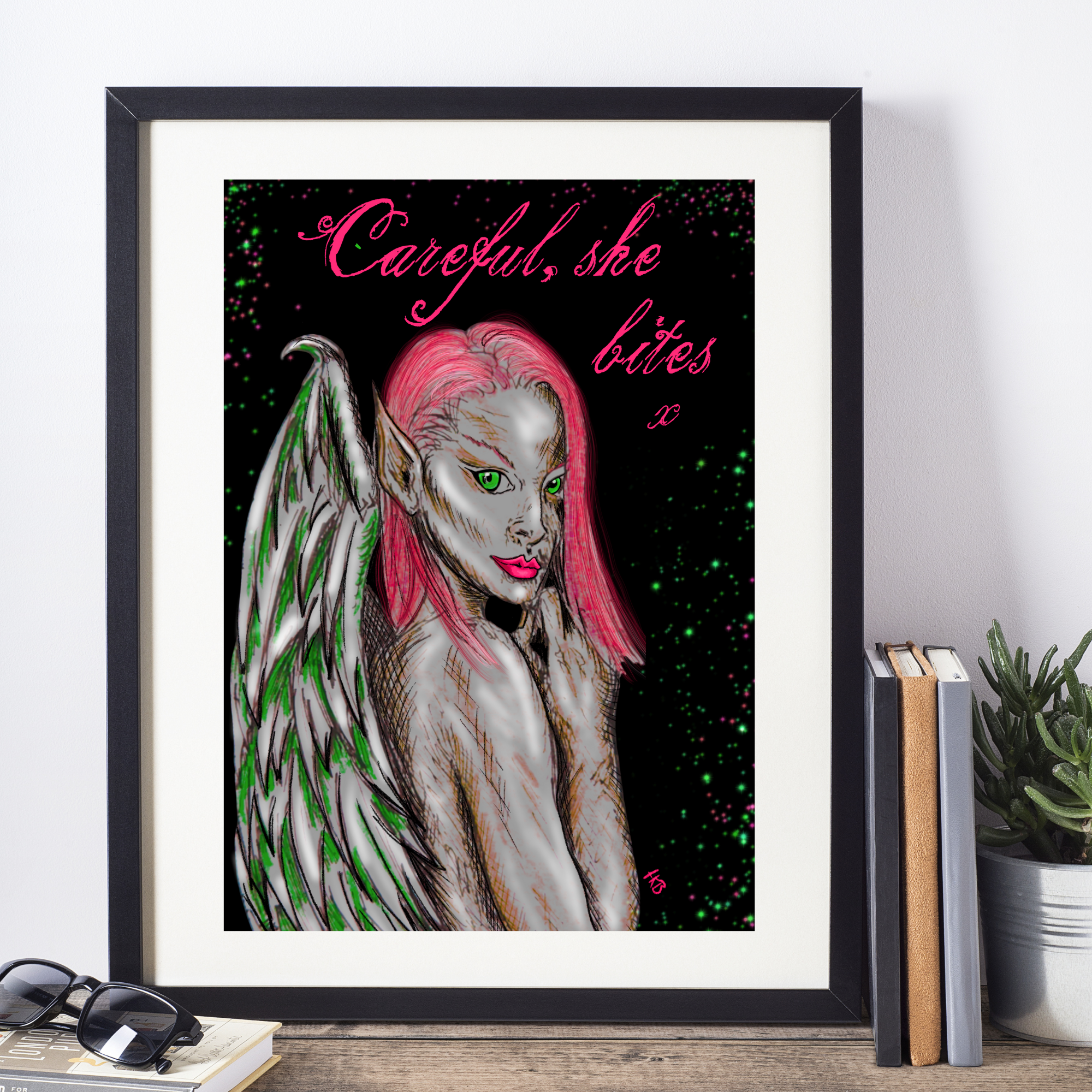 Hannah Kate Makes - Wholesale Art Print - Dark Angel Art Print - Careful She Bites - A5/A4  Pink/Green5