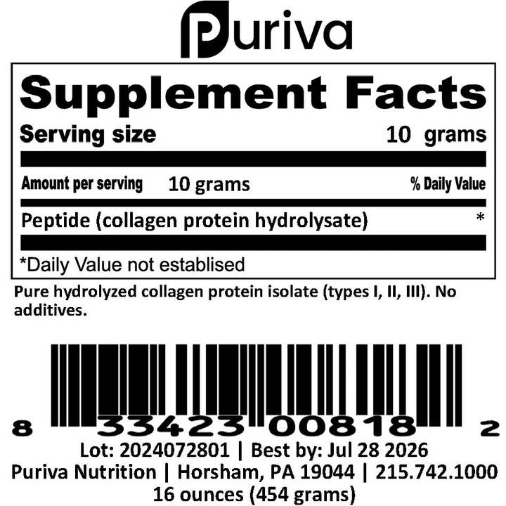 Puriva Nutrition - Wholesale Protein/Superfood Powder - Peptide powder (collagen hydrolysate), 1 pound, Puriva Nutrition3