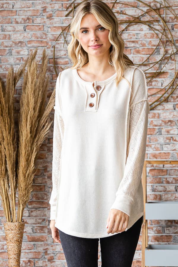 7th Ray - Vente Haut en maille – femme - Haut à manches longues en mélange de coton avec contraste en dentelle et boutons devant T525329