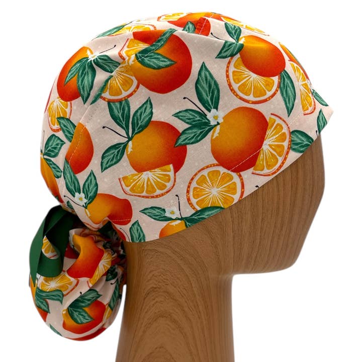 Summer Orange Ponytail Scrub Cap with adjustable ribbon tie for wholesale by SewingLabPlus