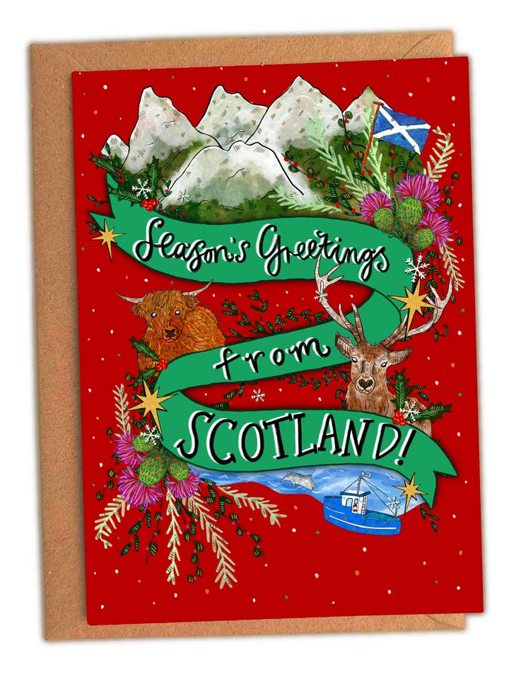 Weihnachtsgrüße aus Schottland! Weihnachtskarte (6er-PACK) für den Großhandel von Claire Barclay Draws
