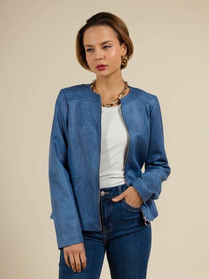 Indigo Faux Leather Fitted Jacket with Zip Closure for wholesale by You Udress