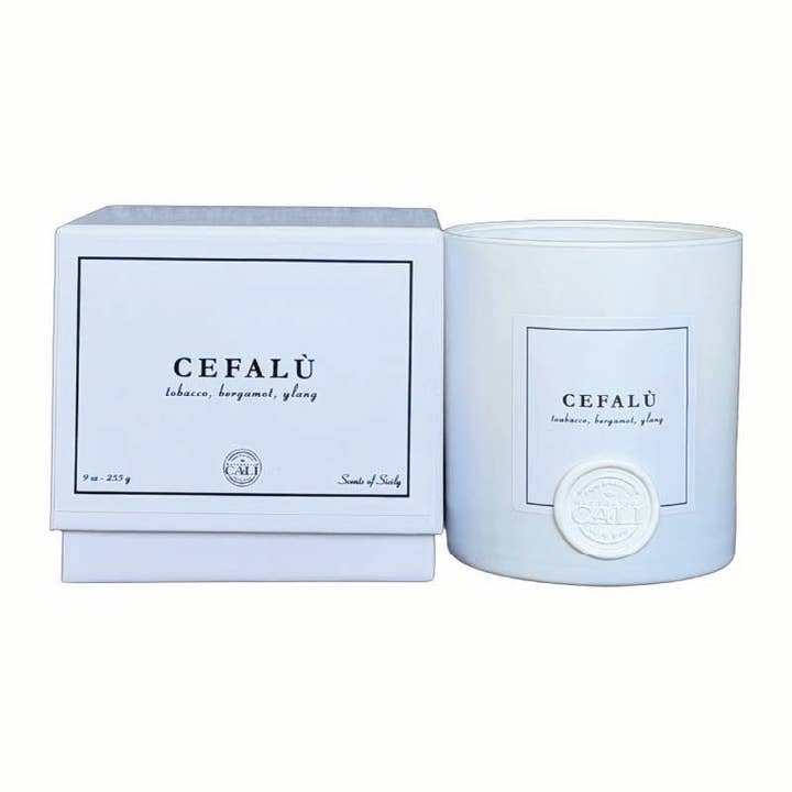 Cefalù - candela da 9 oz (tabacco, bergamotto, ylang) per la vendita all'ingrosso da parte di Scents of Sicily