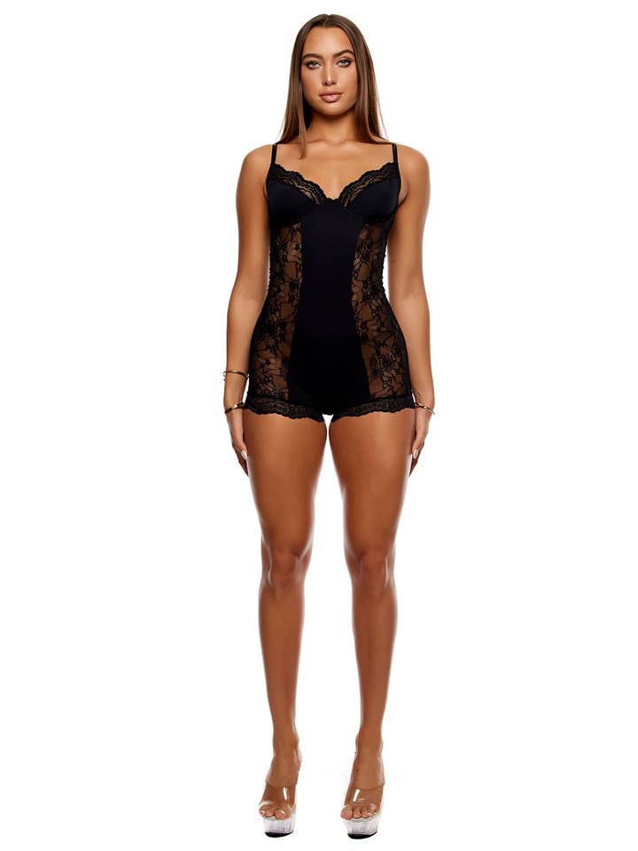 Self Care Ribbed Lace Romper - Black for wholesale on Faire4