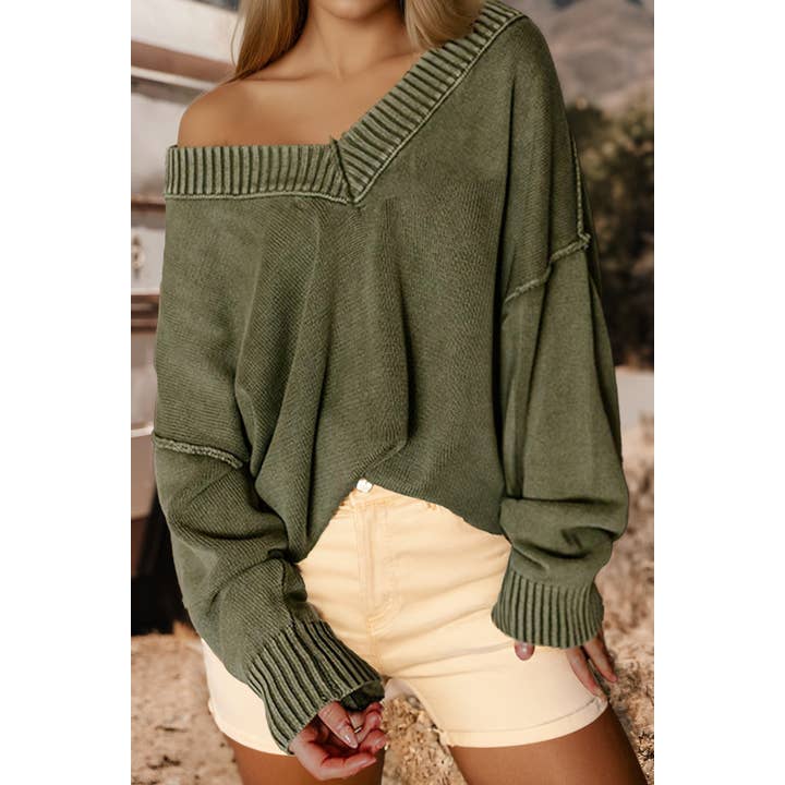 Mineral Wash Knit Exposed Seam Drop Shoulder Loose Sweater for wholesale by fashionworks