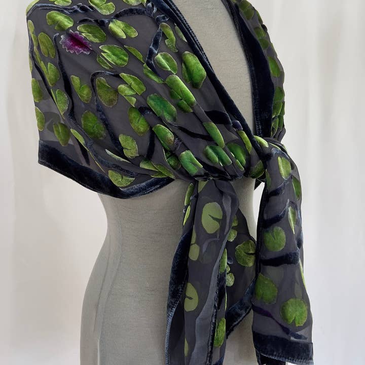 Sherit Levin Textiles - Wholesale Scarf - Women's - Black Devoré Burnout Velvet Green Lily Pads Scarf/Shawl