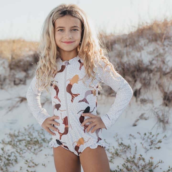 Oopsie Daisy - Wholesale One Piece Swimsuit - Kids - Kids White & Brown Mermaid Zip Rash Guard One Piece Swimsuit