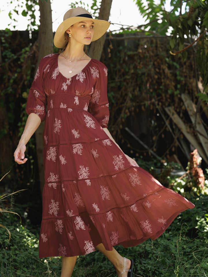 AD2356-A Boho Embroidered Tiered Midi Dress for wholesale by Endless Blu