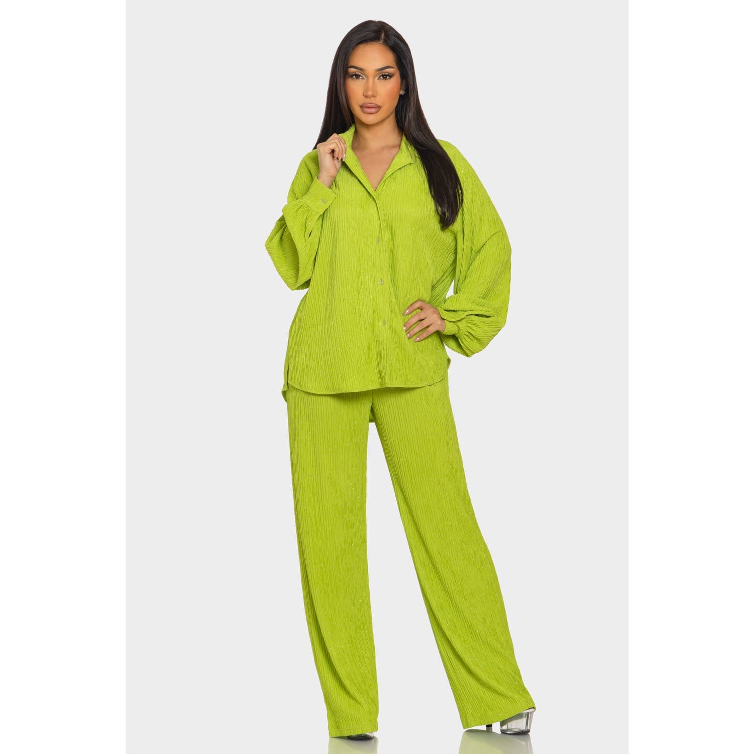 Style Up – Conjunto de top e calça (roupa NÃO Casual) - Mulher por atacado – Conjunto de Camisa e Calças com Botões de Strass Enrugados1