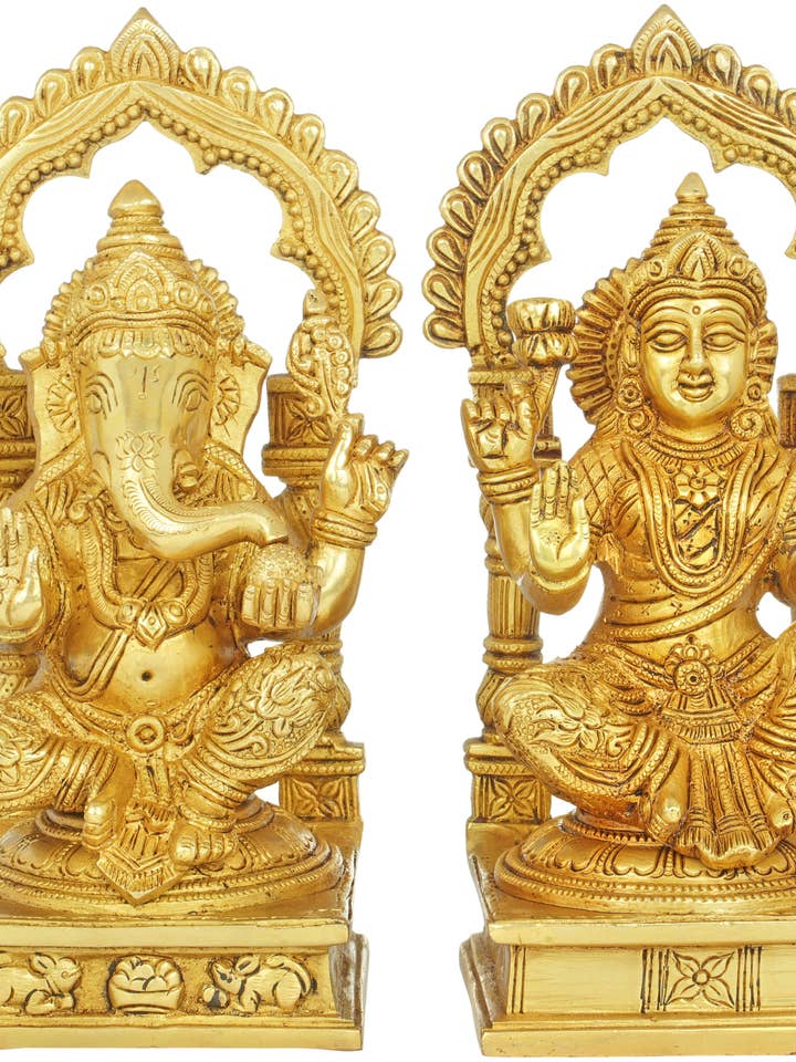 9" To lykkebringende guddomme - Ganesha og Lakshmi i messing for engroshandel hos Exotic India Art