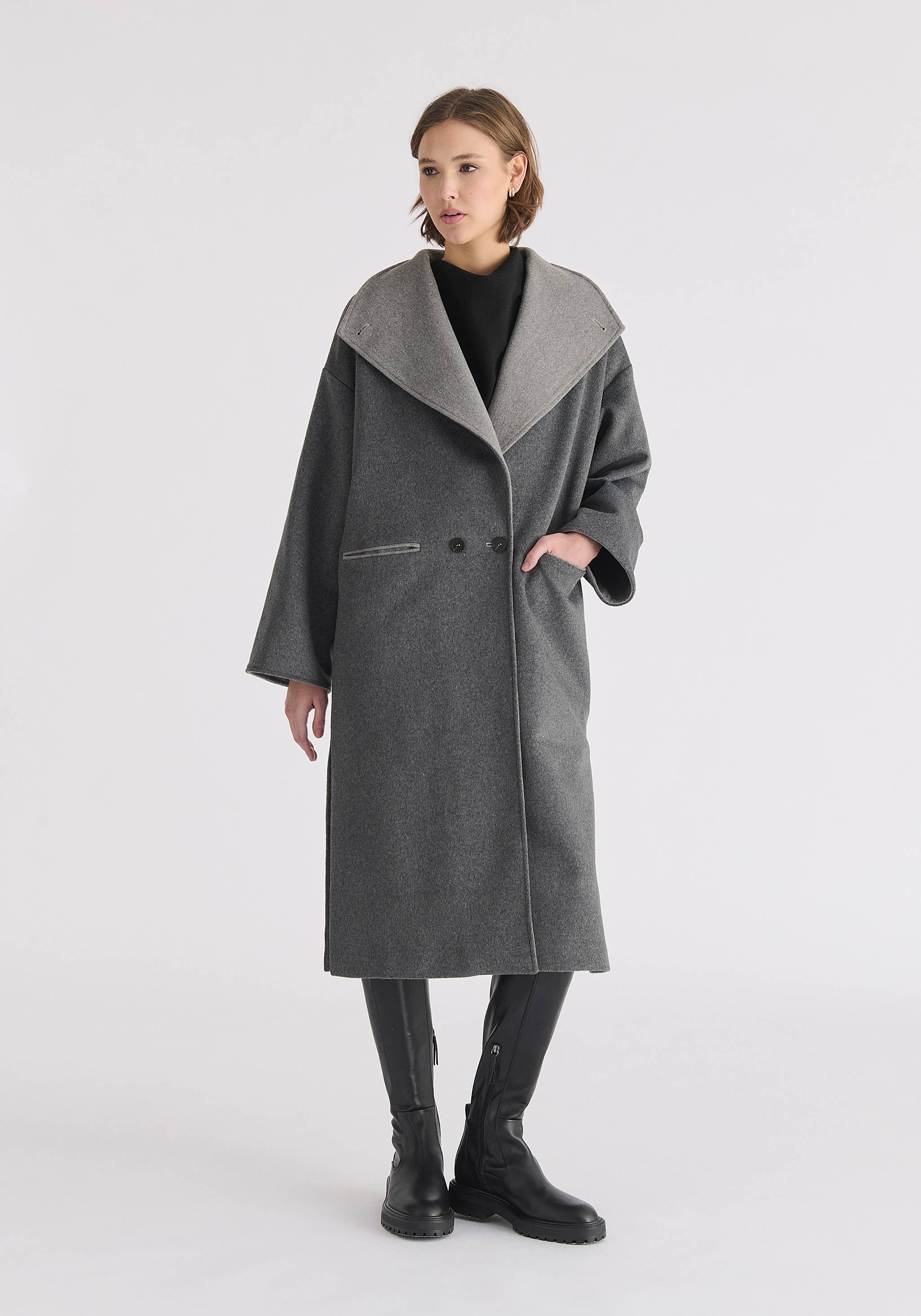 Paisie - Wholesale Coat - Women's - Two-Tone Double Breasted Wool Blend Coat10