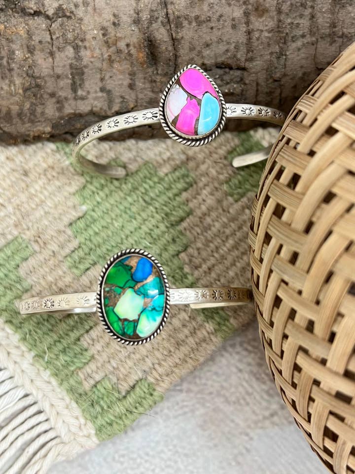 Handmade Sterling Silver Peacock Dahlia, Cotton Candy Turquoise Cuff Bracelet with Signed Nizhoni for wholesale by Nizhonitradersllc
