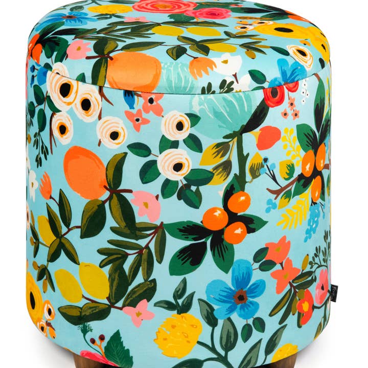 Frida Excelsa Flower Storage Pouf in Velvet and Wood – Multicolor Floral Print Inspired by Frida Kahlo and other Purchase Wholesale tessuto spugna. Free Returns & Net 60 Terms on Faire trending on Faire.