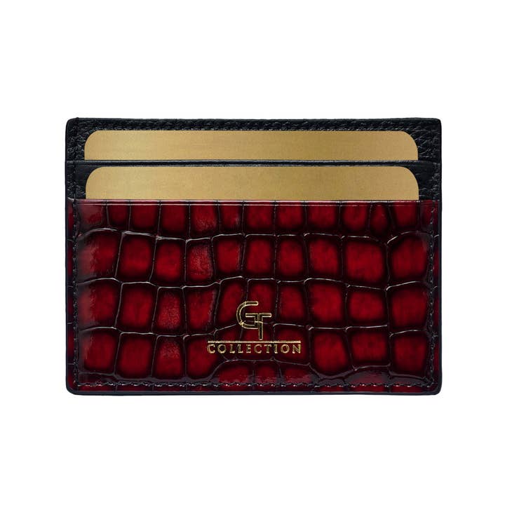 Men's Shiny Croc-Print Card Holder - Red Genuine Leather for wholesale by GT collection Jewelry