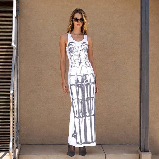 White Sexy Graffiti Print Dress Women Casual Stretch Summer Trend Hipster Maxi Bodycon Streetwear Vintage Skinny Vestidos for wholesale on Faire2
