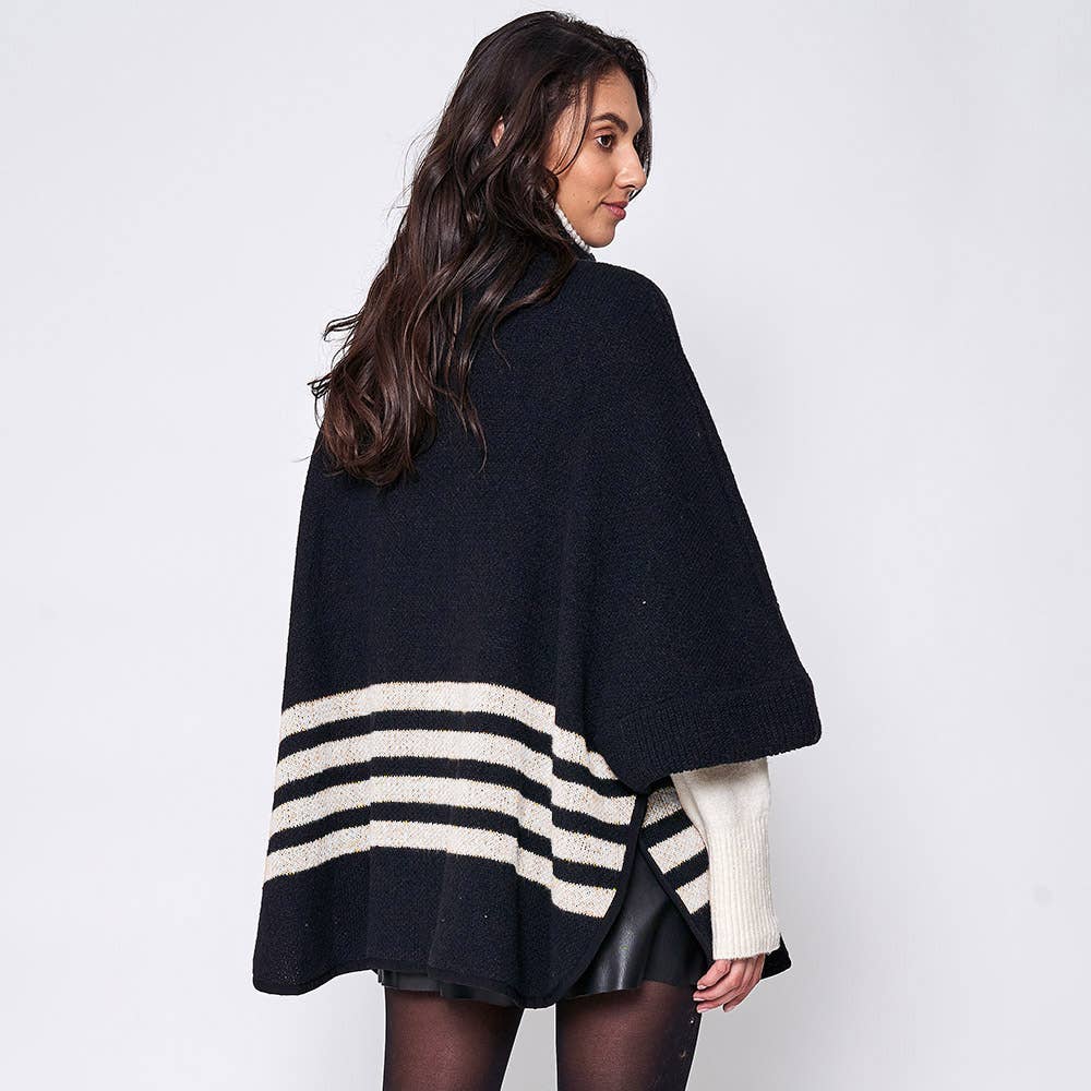 Sensibling Corp. - Wholesale Poncho - Women's - Sporty Bordered Zip Up Knit Cape Poncho1