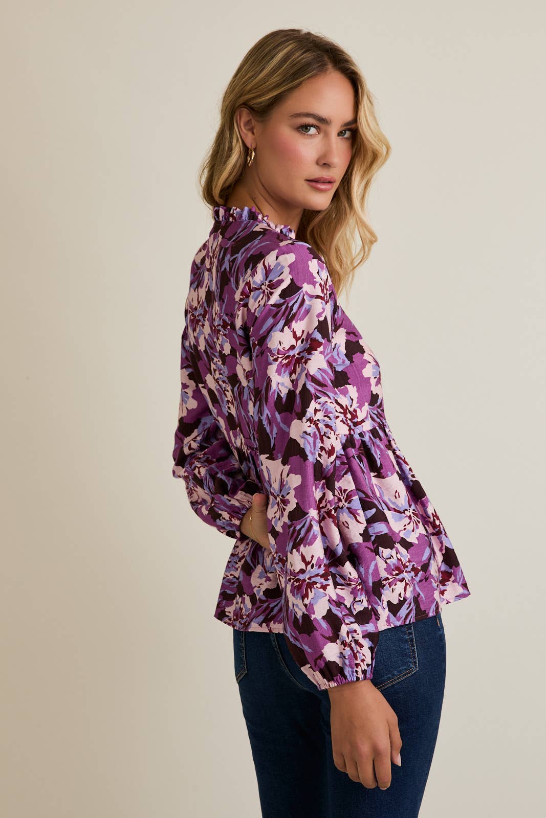 LAVENDER MULTI MOCK NECK FRONT TIE LONG SLEEVE TOP for wholesale on Faire2