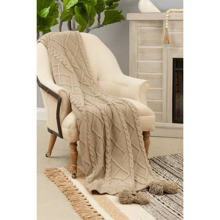 Taupe Luxe Faux Fur Cable Knit Pom Pom Throw Blanket for wholesale by Fennco Styles