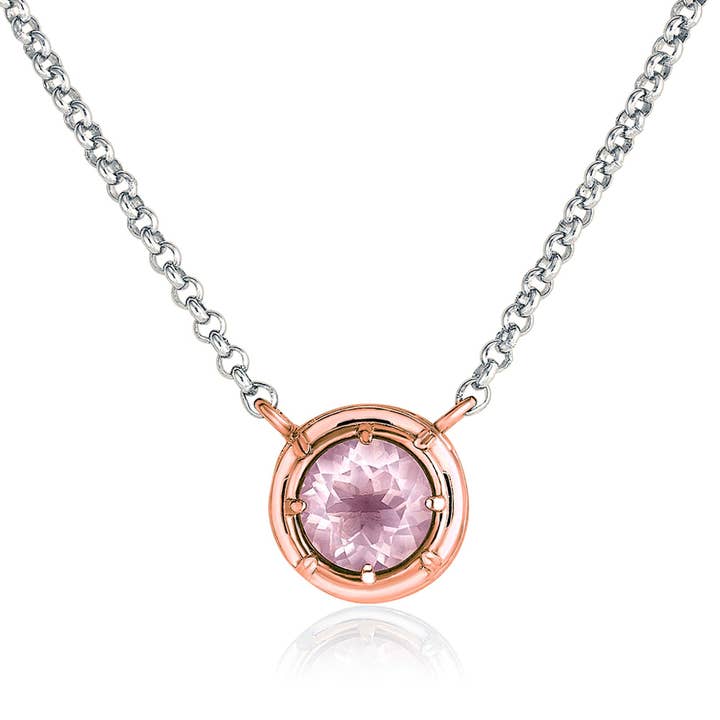 Colar redondo de quartzo rosa facetado com acento vermeil em ouro rosa por atacado de Anatoli Jewelry