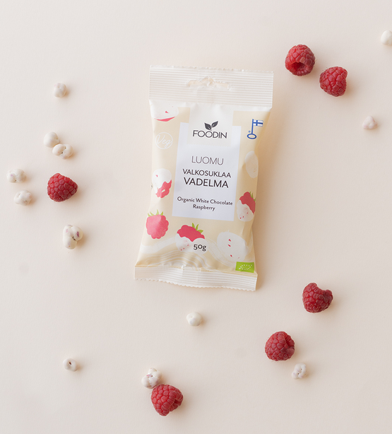 Foodin - Wholesale Chocolate Covered Sweets - White Chocolate Raspberry 50g, Organic1
