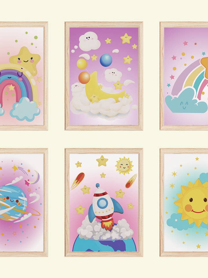 Planet Sun Star Rocket Pictures Set of 6 DIN A4 Children's Room Wall Pictures Baby Room Poster Decoration for wholesale by Tigerlino®