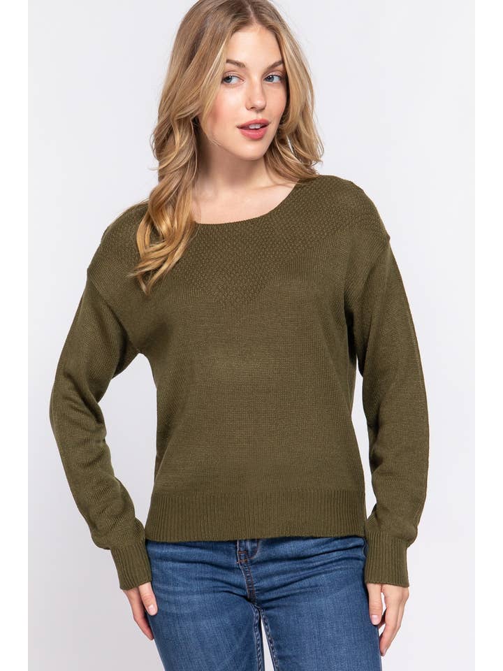 Active Basic | Active USA - Wholesale Knit Sweater - Women's - Long Slv Round Neck Waffle Detail Sweater