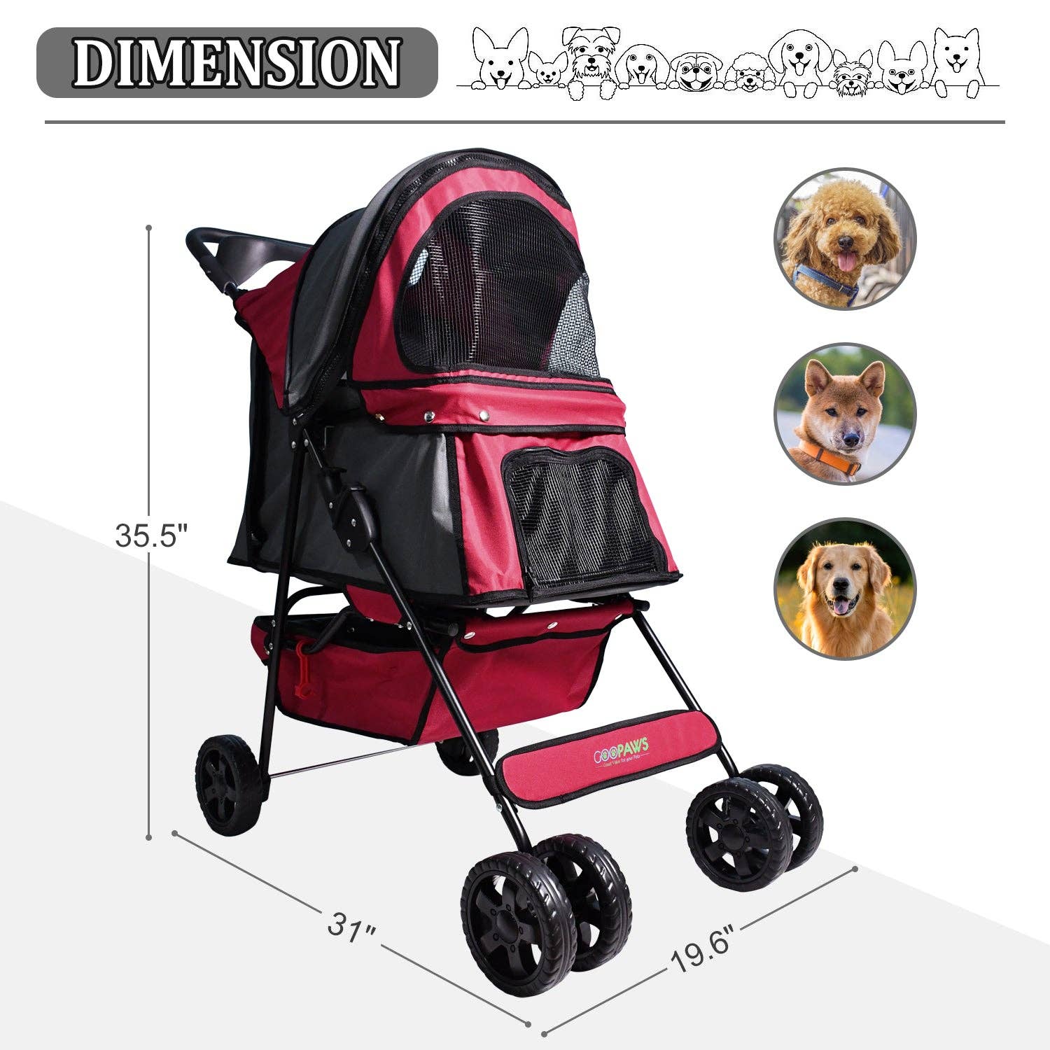 Jespet - Wholesale Pet Carrier - Cat/Dog - Jespet 4-Wheel Promenade Pet Stroller for Small Dogs Cats, Red, 36''4