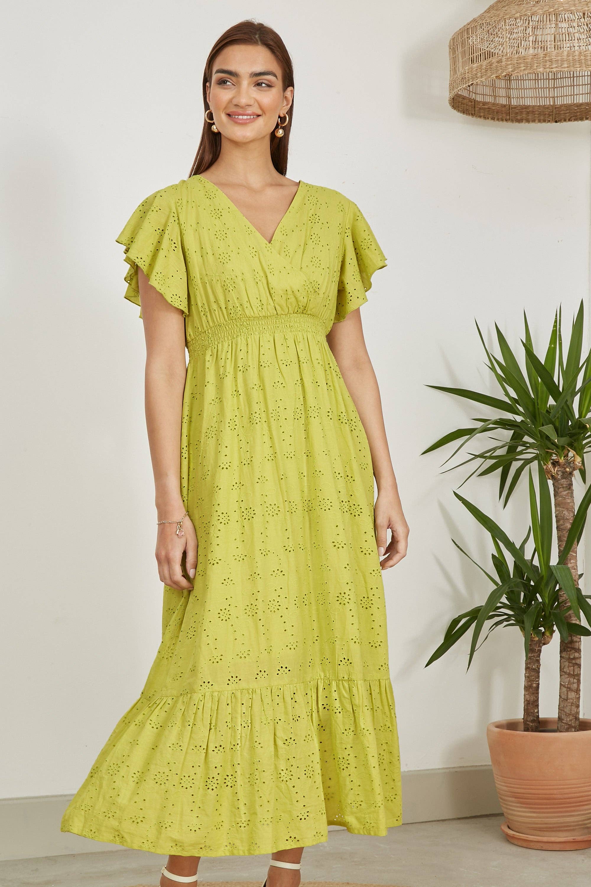 Yumi Lime Cotton Broderie Anglaise Wrap Midi Dress for wholesale on Faire0