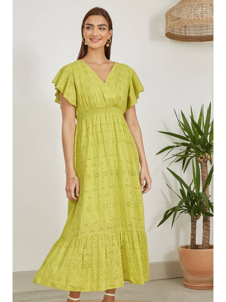 Yumi Lime Cotton Broderie Anglaise Wrap Midi Dress for wholesale on Faire